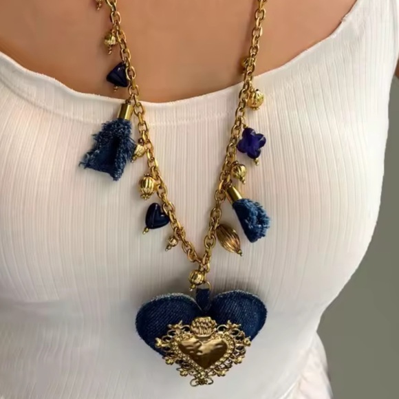 New!Anthropologie jeans color lux stainless Gold Blue Heart Pendant Necklace NWT - Picture 5 of 12